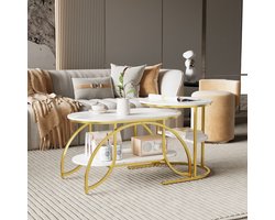 Set van 2 Ronde Salontafels - Moderne Salontafel in Stevig Metaal met Marmeren Ontwerp, Ingebouwde Plank, voor Binnenhuisdecoratie, Wit Goud