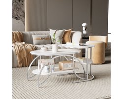 Set van 2 Ronde Salontafels - Moderne Salontafel in Stevig Metaal met Marmeren Ontwerp, Ingebouwde Plank, voor Binnenhuisdecoratie, Wit Zilver