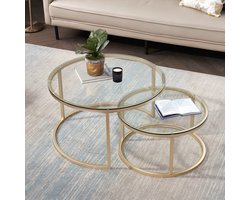 Set van 2 Ronde Salontafels – Ø60 & Ø40 cm – Gehard Glas met Gouden Poten – Luxe & Modern Design – Inschuifbaar – Staal & Glas – Bijzettafels / Koffietafels – Eenvoudige Montage – Lariwo Living