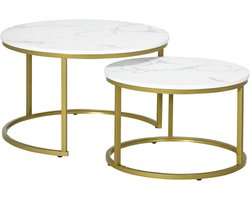 Set van 2 Ronde Salontafels - Stapelbaar bijzettafel met Marmerlook en Gouden Frame