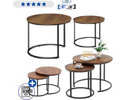 Set van 2 ronde salontafels vintage houtlook naturel 60 en 40 cm, moderne bijzettafels stapelbaar design met MDF blad en zwart stalen frame, industriële tafels voor woonkamer zithoek of kantoor met verstelbare poten stabiel en stijlvol Met Ebook