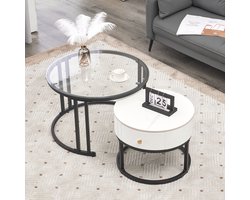 Set van 2 ronde salontafels - wit marmeren blad en glazen bijzettafels met massief houten laden - Grote tafel diameter 70 cm en kleine tafel diameter 50 cm - wit en zwart