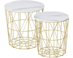 Set van 2 ronde uittrekbare salontafels in neo-retrostijl met goudmetalen frame en marmerlook