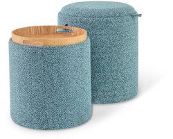 Set van 2 ronde voetenbanken – Gewatteerd, omkeerbaar blad, verborgen opbergruimte, blauw