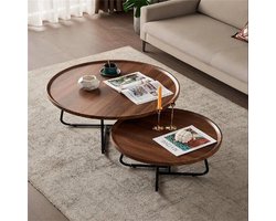 Set van 2 ronde walnoot salontafels – 50 cm & 70 cm – geschikt voor woonkamer, kantoor en balkon