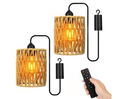 Set van 2 rotan hanglampen - Batterijgevoede kroonluchter - Boho hanglamp met lamp en afstandsbediening - Draagbare hanglamp voor tuinhuisje, terras, binnen- en buitendecoratie