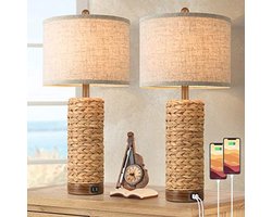 Set van 2 rotan tafellampen met USB-poorten voor woonkamer en slaapkamer