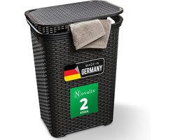 Set van 2 rotan wasmanden met deksel 60L zwart, wasboxset wasemmer wascontainer modern voor badkamer was vuile was, wasmanden vuile wascontainer opvangmand