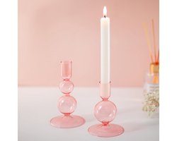 Set van 2 Roze Glazen Kaarsenhouders voor Taper Kaarsen - Decoratieve Bubble Kaarsenstandaards voor Woonkamer en Feesttafels