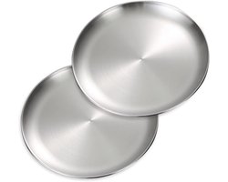 Set van 2 RVS Platte Borden - 26 cm Metalen Dinerborden voor Biefstuk, Salade en Camping