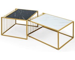 Set van 2 Salontafels met Marmerlook en Gouden Stalen Frame - Koffietafel en Bijzettafel