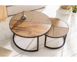 Set van 2 salontafels VIENNA LOUNGE 70cm rond massief mangohout Weens rieten metalen frame zwart - 40135