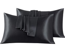 Set van 2 Satijn kussenslopen 45 x 70 cm , Zacht en Zijdig Bed Kussen Kussen Kussen Zwart, Envelop Sluiting, Anti-mijt en Hypoallergeen, Haar en Huid Bescherming tegen rimpels