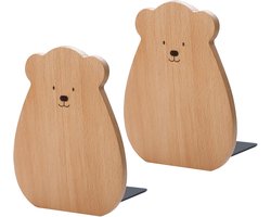 Set van 2 Schattige Beren Boekensteunen van Beukenhout, Natuurlijk Hout met Zwarte Voet, voor Kinderkamer, Bureau en Boekenkast