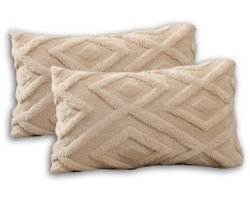 Set van 2 Sierkussens 30x50 cm | Beige | Inclusief binnenkussens | Teddy, Pluche | Fluffy & Zacht | Langwerpige Decoratiekussens voor Bank & Woonkamer