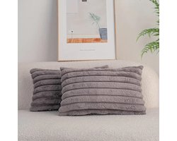 Set van 2 Sierkussens 30x50 cm Donkergrijs | Dubbelzijdig Luxe Ribstof | Inclusief binnenkussens | Fluffy, Zacht, Pluche, Teddy | Sierkussenset | Kussenset Bank binnen, Woonkamer | Decoratie kussens