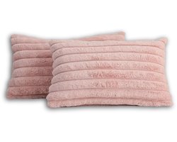Set van 2 Sierkussens 30x50 cm Roze | Dubbelzijdig Luxe Ribstof | Inclusief binnenkussens | Fluffy, Zacht, Pluche, Teddy | Sierkussenset | Kussenset Bank binnen, Woonkamer | Decoratie kussens