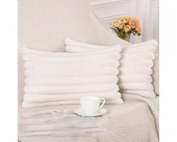 Set van 2 Sierkussens 30x50 cm Wit | Dubbelzijdig Luxe Ribstof | Inclusief binnenkussens | Fluffy, Zacht, Pluche, Teddy | Sierkussenset | Kussenset Bank binnen, Woonkamer | Decoratie kussens