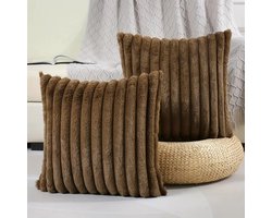 Set van 2 Sierkussens 45x45 cm Bruin | Dubbelzijdig Luxe Ribstof | Inclusief binnenkussens | Fluffy, Zacht, Pluche, Teddy | Sierkussenset | Kussenset Bank binnen, Woonkamer | Decoratie kussens
