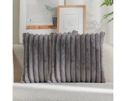 Set van 2 Sierkussens 45x45 cm Donkergrijs | Dubbelzijdig Luxe Ribstof | Inclusief binnenkussens | Fluffy, Zacht, Pluche, Teddy | Sierkussenset | Kussenset Bank binnen, Woonkamer | Decoratie kussens