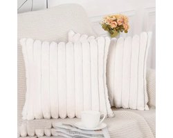 Set van 2 Sierkussens 45x45 cm Wit | Dubbelzijdig Luxe Ribstof | Inclusief binnenkussens | Fluffy, Zacht, Pluche, Teddy | Sierkussenset | Kussenset Bank binnen, Woonkamer | Decoratie kussens