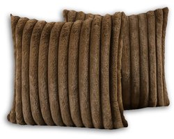 Set van 2 Sierkussens 50x50 cm Bruin | Dubbelzijdig Luxe Ribstof | Inclusief binnenkussens | Fluffy, Zacht, Pluche, Teddy | Sierkussenset | Kussenset Bank binnen, Woonkamer | Decoratie kussens