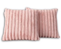 Set van 2 Sierkussens 50x50 cm Roze | Dubbelzijdig Luxe Ribstof | Inclusief binnenkussens | Fluffy, Zacht, Pluche, Teddy | Sierkussenset | Kussenset Bank binnen, Woonkamer | Decoratie kussens