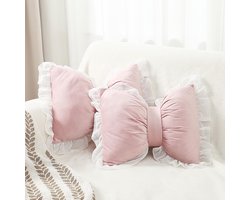 Set van 2 sierkussens met strik, 40 x 32 cm. Speelse sierkussens met schattig strikmotief. Pluche rugkussens, ideaal voor meisjeskamers, bedden, banken en auto's (fluweel, roze)