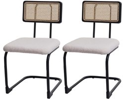 Set van 2 sledestoelen MCW-K88, stoel fauteuil, hout rotan metaal bouclé ~ stof/textiel wit