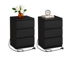 Set van 2 slimme nachtkastjes met 3 lades – geïntegreerde stroomvoorziening en strak design - afgeschuinde rand, 2 AC-aansluitingen, 2 USB-poorten