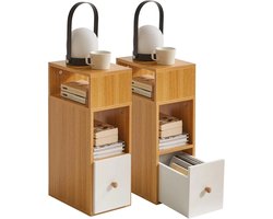 Set Van 2 Smalle Nachtkastjes – Compact Houten Bijzettafeltje met Lade & Open Vakken – Ruimtebesparend - Natuurlijk Design Voor Slaapkamer & Woonkamer