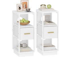 Set van 2 smalle nachtkastjes – Modern bijzettafels met open vak en stoffen lade, Wit 30x24x60 cm – NS61303W