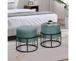 Set van 2 Stapelbare Krukjes en Bijzettafels in Groen en Zwart Textiel