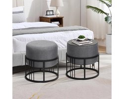 Set van 2 Stapelbare Ovaal Krukken en Bijzettafels in Textiel Grijs en Zwart