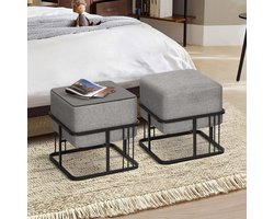 Set van 2 Stapelbare Zitkrukken en Bijzettafels Vierkant Textiel Grijs en Zwart