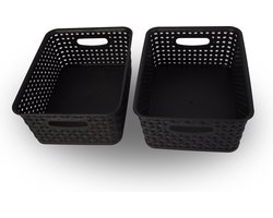 Set van 2 Stijlvolle Zwarte Opbergboxen | Gevlochten Kunststof Ontwerp, 20cm x 11cm x 25cm | Perfect voor Huishoudelijke Organisatie en Decor