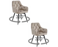 Set van 2 - Stoel JORK 360 - Donkerbeige Velvet - Zwarte Metaalpoten - Luxe Eetkamerstoel - Fauteuil - Met Armleuning - 360° Draaibaar - Modern Design - Elegant en Comfortabel voor Woonkamer, Keuken of Eetkamer - Max. 110 kg