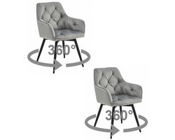 Set van 2 - Stoel JORK 360 - Zilvergrijs Velvet - Zwarte Metaalpoten - Luxe Eetkamerstoel - Fauteuil - Met Armleuning - 360° Draaibaar - Modern Design - Elegant en Comfortabel voor Woonkamer, Keuken of Eetkamer - Max. 110 kg