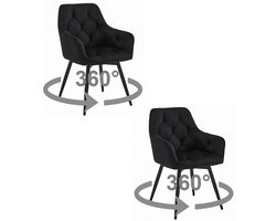 Set van 2 - Stoel JORK 360 - Zwart Velvet - Zwarte Metaalpoten - Luxe Eetkamerstoel - Fauteuil - Met Armleuning - 360° Draaibaar - Modern Design - Elegant en Comfortabel voor Woonkamer, Keuken of Eetkamer - Max. 110 kg
