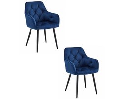 Set van 2 - Stoel JORK - Donkerblauw Velvet - Zwarte Metaalpoten - Luxe Eetkamerstoel - Fauteuil - Met Armleuning - Modern Design - Elegant en Comfortabel voor Woonkamer, Keuken of Eetkamer - Max. 110 kg