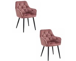 Set van 2 - Stoel JORK - Donkerroze Velvet - Zwarte Metaalpoten - Luxe Eetkamerstoel - Fauteuil - Met Armleuning - Modern Design - Elegant en Comfortabel voor Woonkamer, Keuken of Eetkamer - Max. 110 kg