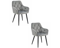 Set van 2 - Stoel JORK - Zilvergrijs Velvet - Zwarte Metaalpoten - Luxe Eetkamerstoel - Fauteuil - Met Armleuning - Modern Design - Elegant en Comfortabel voor Woonkamer, Keuken of Eetkamer - Max. 110 kg