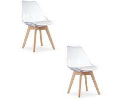 Set van 2 Stoelen MARK – Transparant, Beukenhouten Poten, Kunststof Zitting met Kunstlederen Kussen, Strak Design, Ergonomisch, Geschikt voor Keuken, Eetkamer, Kantine en Werkruimte, Max. 120 kg