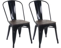 Set van 2 stoelen MCW-A73 incl. houten zitting, bistrostoel stapelstoel, metalen industrieel ontwerp stapelbaar ~ zwart