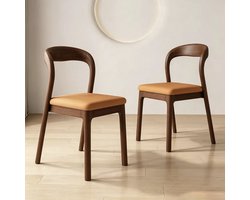 Set van 2 stoelen - Stoelen - Kantoor - Eetkamerstoel - Binnen - Kunstleer - Hout poten - Bruine poten + oranje leer