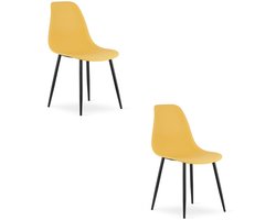 Set van 2 Stoelen WAT – Mosterdgeel, Zwarte Metalen Poten, Kunststof Zitting – Modern en Ergonomisch – Geschikt voor Eetkamer, Woonkamer, Keuken, Thuiswerkplek, Kantine en Wachtruimte – Eenvoudige Montage