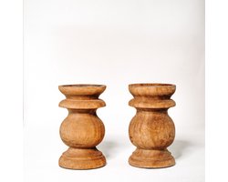 Set van 2 stoere en sobere houten kandelaar 15x9 cm - Kandelaar voor blokkaarsen - Landelijke kandelaars - Sobere woonaccessoires