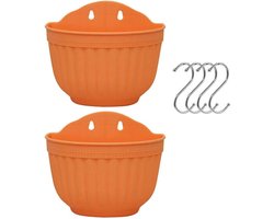 Set van 2 stuks buiten hangende plantenbakken muur hangende plastic bloempot voor balkonhek wandgemonteerde plantenbakken met afvoer en 4 haken (oranje+oranje)