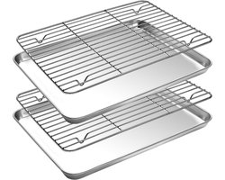 Set van 2 stuks - Kleine bakplaat met rooster - RVS bakvorm - Ovenbakplaat - 23,5 x 17,5 x 2,5 cm - Zilver