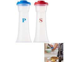 Set van 2 stuks - Plastic zout- en peperstrooiers met deksel - Zout- en pepercontainers - Sproeiers - Kruidenflessen - Vochtbestendig - Eenvoudig na te vullen - Blauw en rood - 6 x 6 x 15,8 cm - Geschikt voor restaurants, keukens, camping en buiten